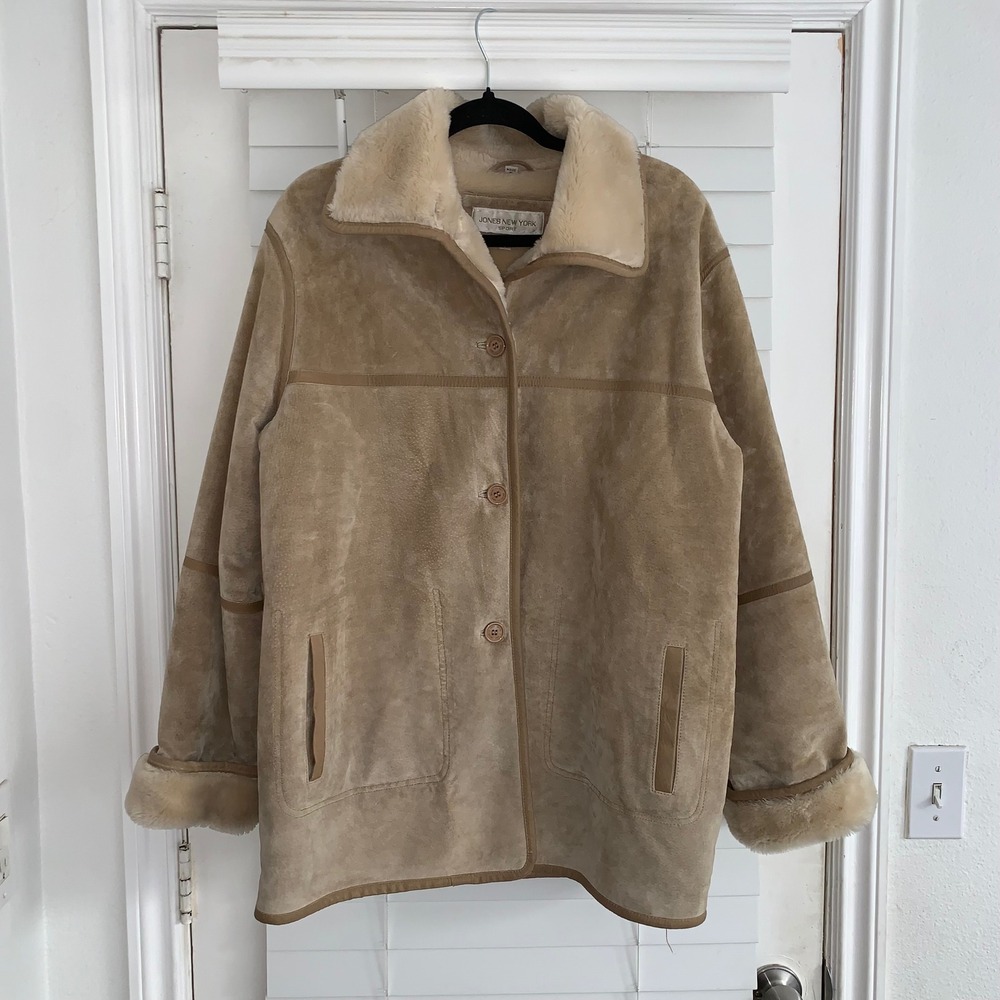 Jones New York Sport Tan Genuine Leather Faux Shearling Coat Jacket Womens M